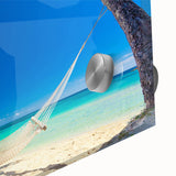 Large abstract wall art of oceanic Fiji scenery in muted blue tones on acrylic glass, ideal for dining room ambiance.