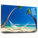 Acrylic glass print of a serene Fiji landscape with lush greenery and ocean, ideal for bedroom or dining room decor.