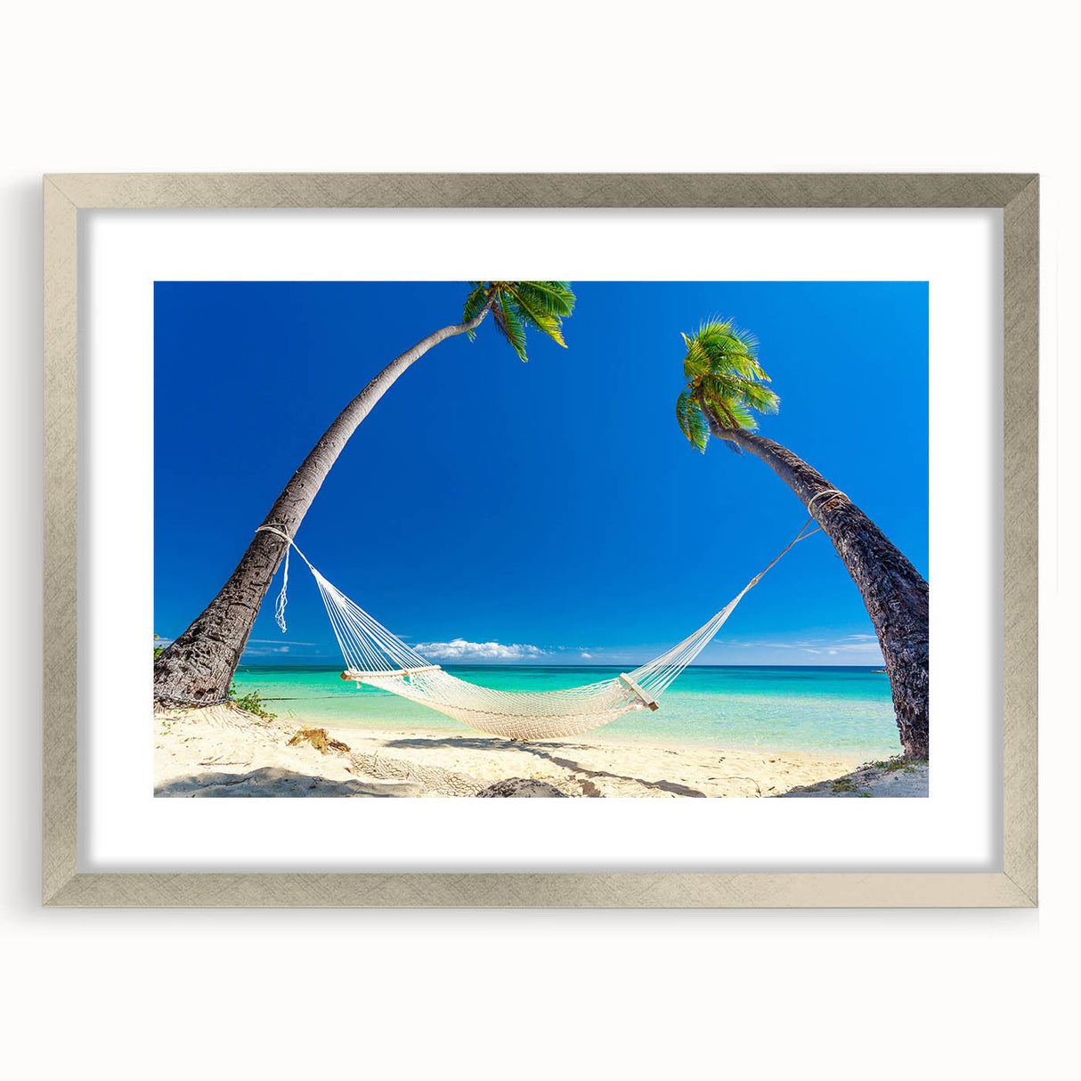Textured abstract art print of Oceania scenery in muted blue and green tones, framed in silver, ideal for bedroom decor.