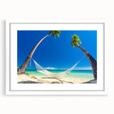 Abstract art print depicting a serene Fiji landscape in soft blue and green hues on a white-framed canvas.