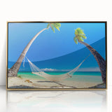 Framed acrylic print of a serene Fiji ocean view in muted blue and green tones, ideal for modern art wall decor.