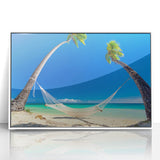 Art deco poster of a serene Fiji beach scene in pastel colors, framed acrylic, ideal for nursery wall art.