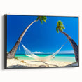 Black and white landscape art painting of a serene Fiji scenery on framed canvas, suitable for bedroom decor.