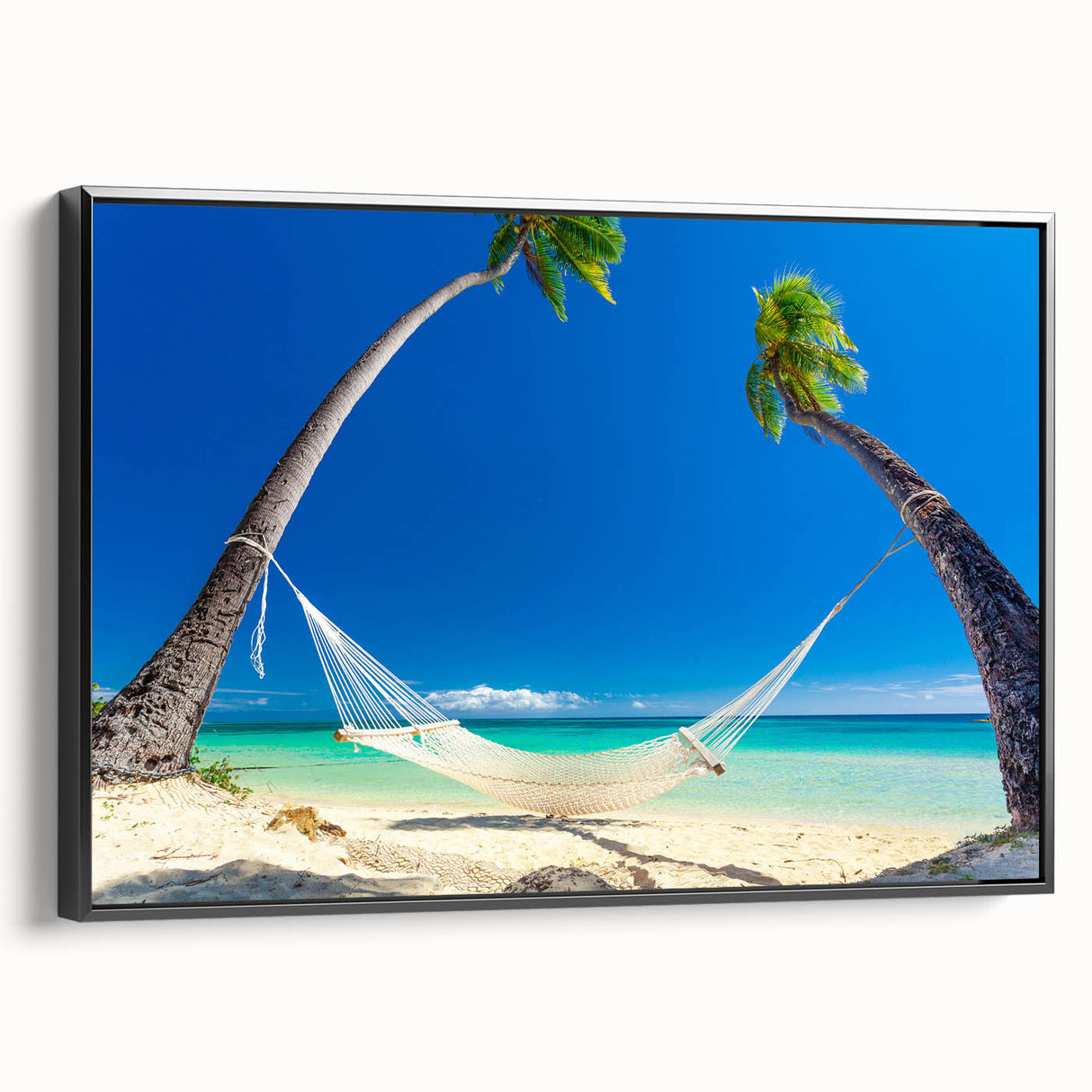 Black and white landscape art painting of a serene Fiji scenery on framed canvas, suitable for bedroom decor.