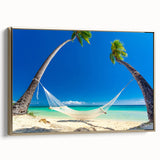 Framed canvas featuring a vintage-style landscape painting of Fiji with subdued gold and black tones.