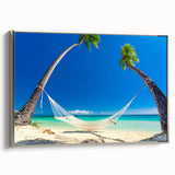 Framed canvas featuring a vintage-style landscape painting of a Fiji beach with vibrant colors and black accents.