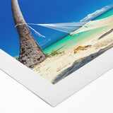 Art deco poster of a serene Fiji beach scene in soft pastel colors on rolled canvas, ideal for dining room wall art.