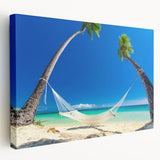 Large stretched canvas depicting a serene Fiji ocean scene in soft blue and green tones, suitable for kitchen wall art.