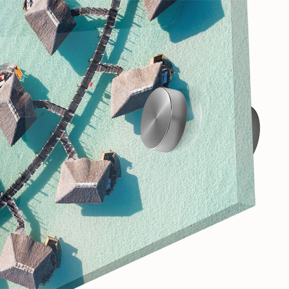 Large abstract wall art of Bora Bora's landscape in vibrant blues and greens on acrylic glass, ideal for dining room art.