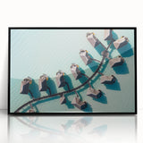 Large abstract wall art depicting a serene French Polynesian scenery in muted blue and green hues, framed in black acrylic.