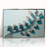 Mid-century modernist art depicting Bora Bora's blue waters and lush greenery on a silver-framed acrylic print.