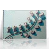 Art deco poster of Bora Bora landscape in pastel blue and green hues on a white framed acrylic.