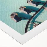 Art deco poster of Bora Bora with turquoise waters and overwater bungalows on rolled canvas.