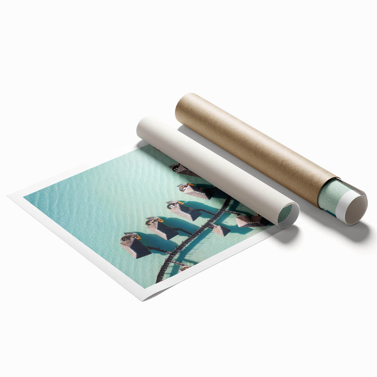 Extra large rolled print of Bora Bora scenery with vibrant blue waters and lush greenery, ideal for classy bathroom wall art.