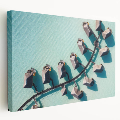 Large art print depicting the scenic Bora Bora coastline on stretched canvas, ideal for kitchen wall art.
