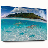 Large abstract wall art of Tahiti's oceanic scenery in vibrant blue shades, printed on acrylic glass.