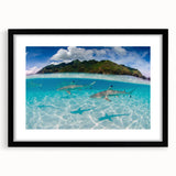 Extra large abstract art print of a colorful Tahitian landscape on textured canvas, framed in black.