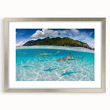 Textured abstract art print depicting an oceanic scene in cool blues and greens on a framed canvas.