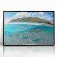 Framed acrylic print of a large abstract wall art depicting Tahiti's oceanic scenery in vibrant blue and green tones.