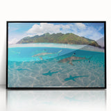 Framed acrylic print of a large abstract wall art depicting Tahiti's oceanic scenery in vibrant blue and green tones.