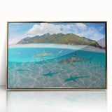 Mid-century modernist style large art print of a Tahitian landscape with vibrant blues and greens, framed in gold acrylic.