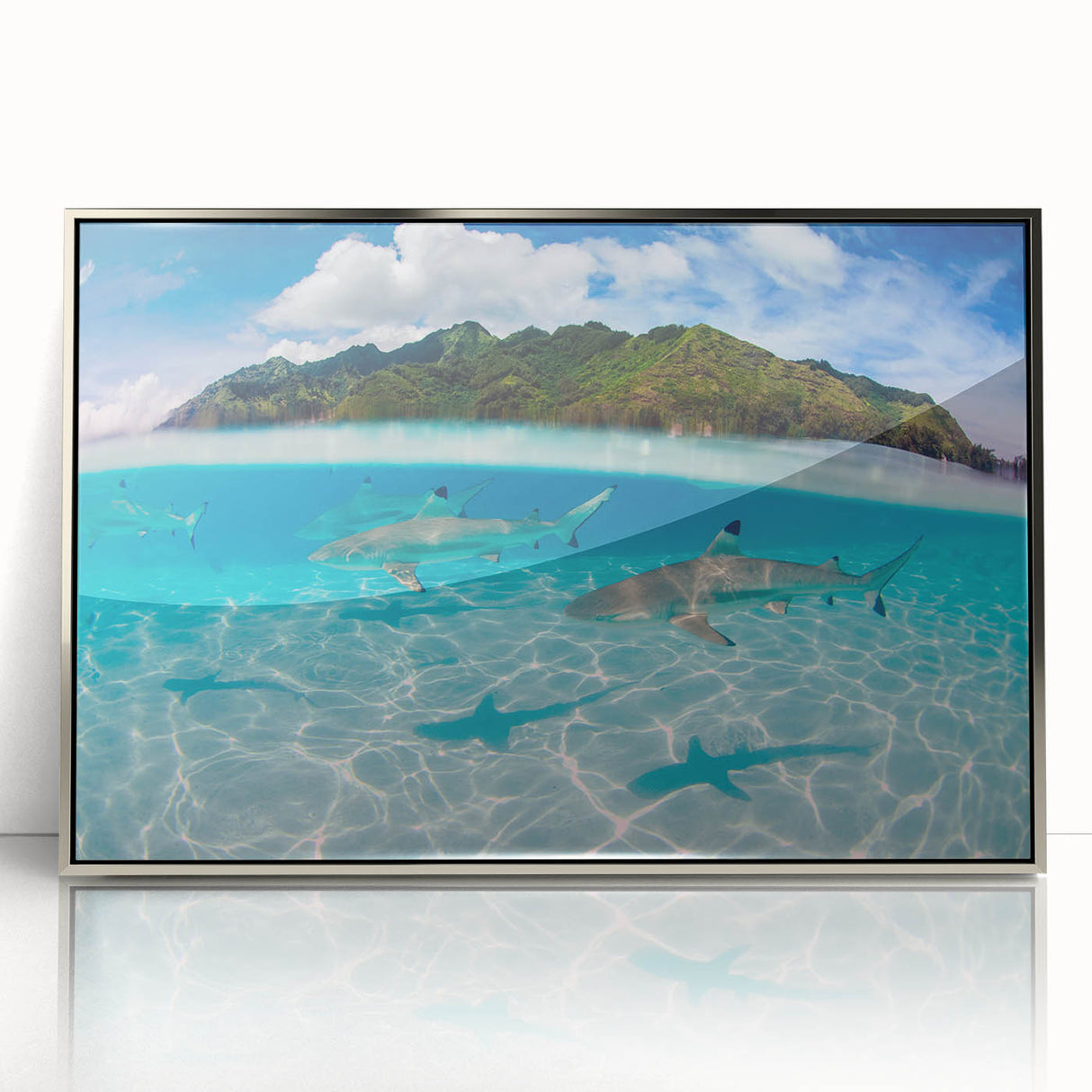 Mid-century modernist art depicting a serene Tahitian landscape on a silver-framed acrylic print.