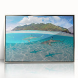 Mid-century modernist art depicting a serene Tahitian landscape on a silver-framed acrylic print.