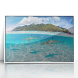 Art deco poster of Tahiti shoreline in pastel blue and white tones on framed acrylic, ideal for modern nursery wall art.