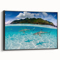 Black and white framed canvas of a Tahitian landscape, ideal for bedroom wall decor with vintage poster art style.