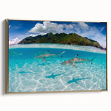 Framed canvas featuring a vintage-style landscape painting of Tahiti with lush greenery and ocean views.