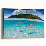 Framed canvas of a Tahitian landscape painting in vibrant blues and greens, ideal for a living room or hallway.