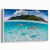 Vintage poster art of Tahitian scenery on a framed canvas, featuring vibrant tropical colors, ideal for living room decor.
