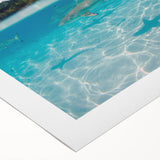 Art deco poster of a serene Tahitian landscape, featuring muted blues and greens on rolled canvas.