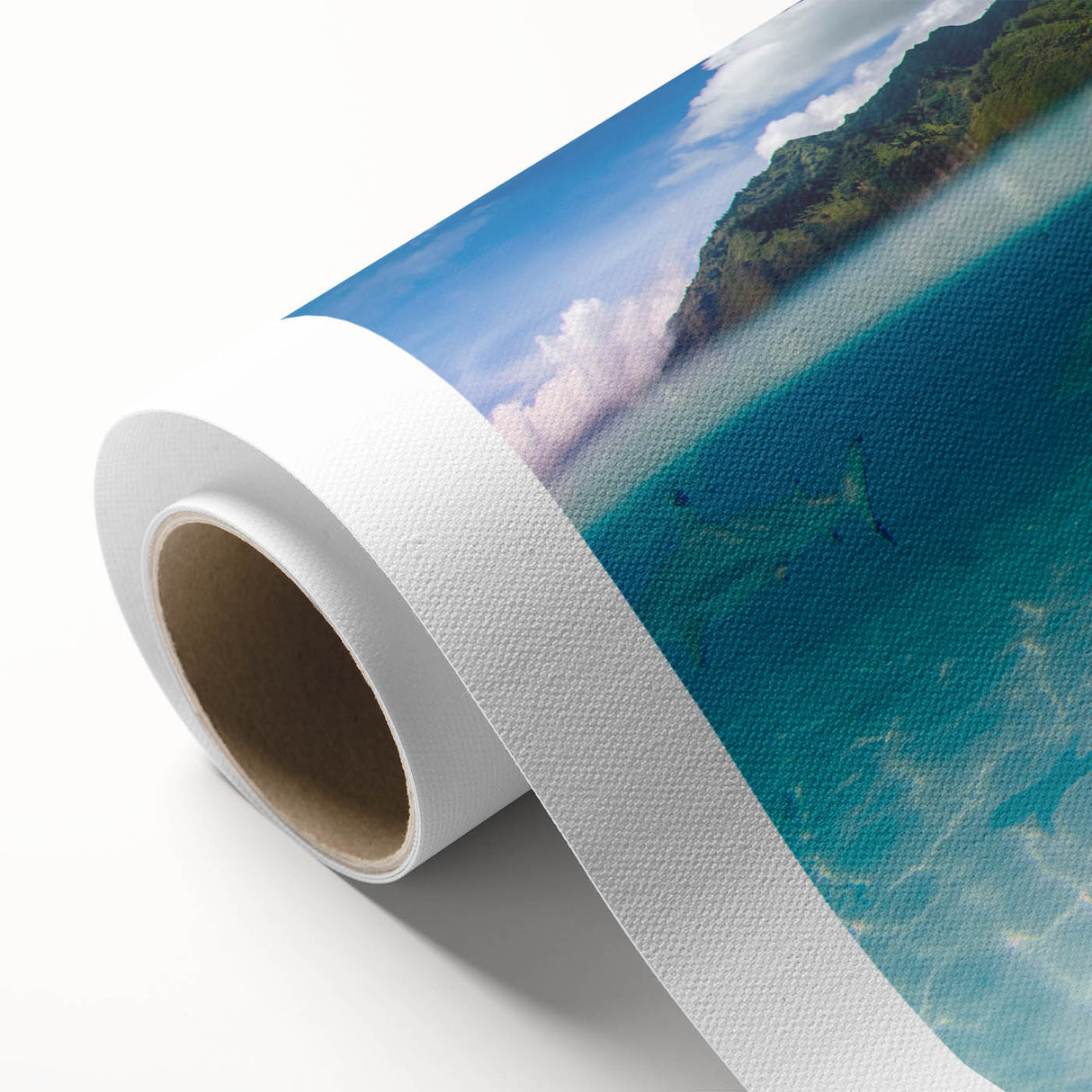 Art deco style poster of a serene Tahitian landscape in pastel colors on rolled canvas, ideal for nursery wall art.