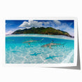 Extra large rolled print of a serene Tahiti beach scene with lush florals in muted green and blue tones.