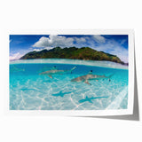 Extra large rolled print of a serene Tahiti beach scene with lush florals in muted green and blue tones.