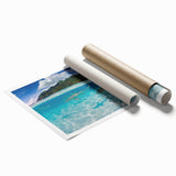 Extra large rolled print depicting a serene Tahitian landscape with lush florals in vibrant greens and blues.