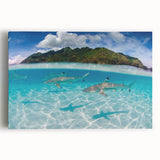 Black and white stretched canvas of Tahiti's coastline, ideal for kitchen wall art.
