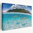 Large stretched canvas depicting a serene Tahitian seascape with vibrant blue and turquoise waters.
