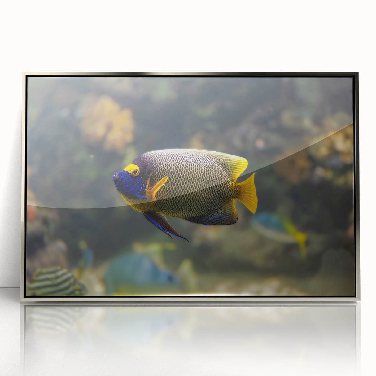 Mid-century modernist art featuring serene Micronesian ocean scenery in soft blue and green tones, framed in silver acrylic.