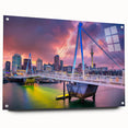 Acrylic print of Auckland skyline in muted blues and grays, suitable for bedroom or dining room decor.