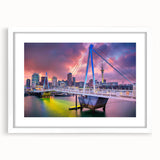 Abstract art print of Auckland skyline in muted blue and gray tones on a framed white canvas, suitable for dining room decor.