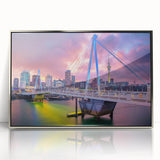 Mid-century modernist art depicting the Auckland skyline in cool blue shades on a framed acrylic print.