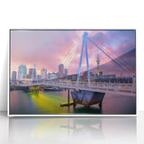 Art deco poster of Auckland skyline in muted blue tones on framed acrylic, ideal for modern art wall decor.