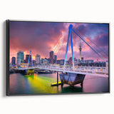 Black and white wall art of Auckland landscape on framed canvas, ideal for bedroom decor.