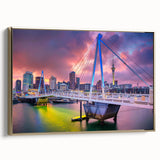 Framed canvas landscape art painting depicting Auckland's oceanfront in vibrant sunset colors, ideal for living room decor.