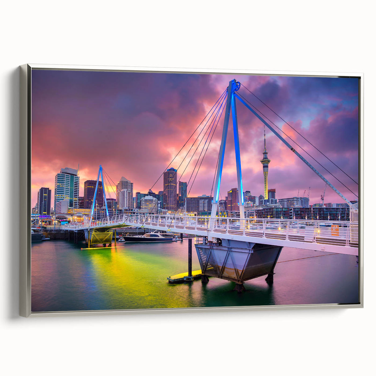 Framed canvas of Auckland landscape with muted gray and silver tones, ideal for bedroom wall art.