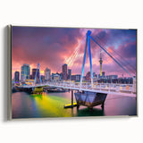 Framed canvas of Auckland landscape with muted gray and silver tones, ideal for bedroom wall art.