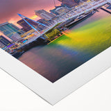 Art deco poster of Auckland skyline in muted gray and blue tones on rolled canvas, suitable for dining room wall art.