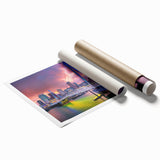 Extra large rolled print of Auckland skyline with floral foreground in soft pastel colors.